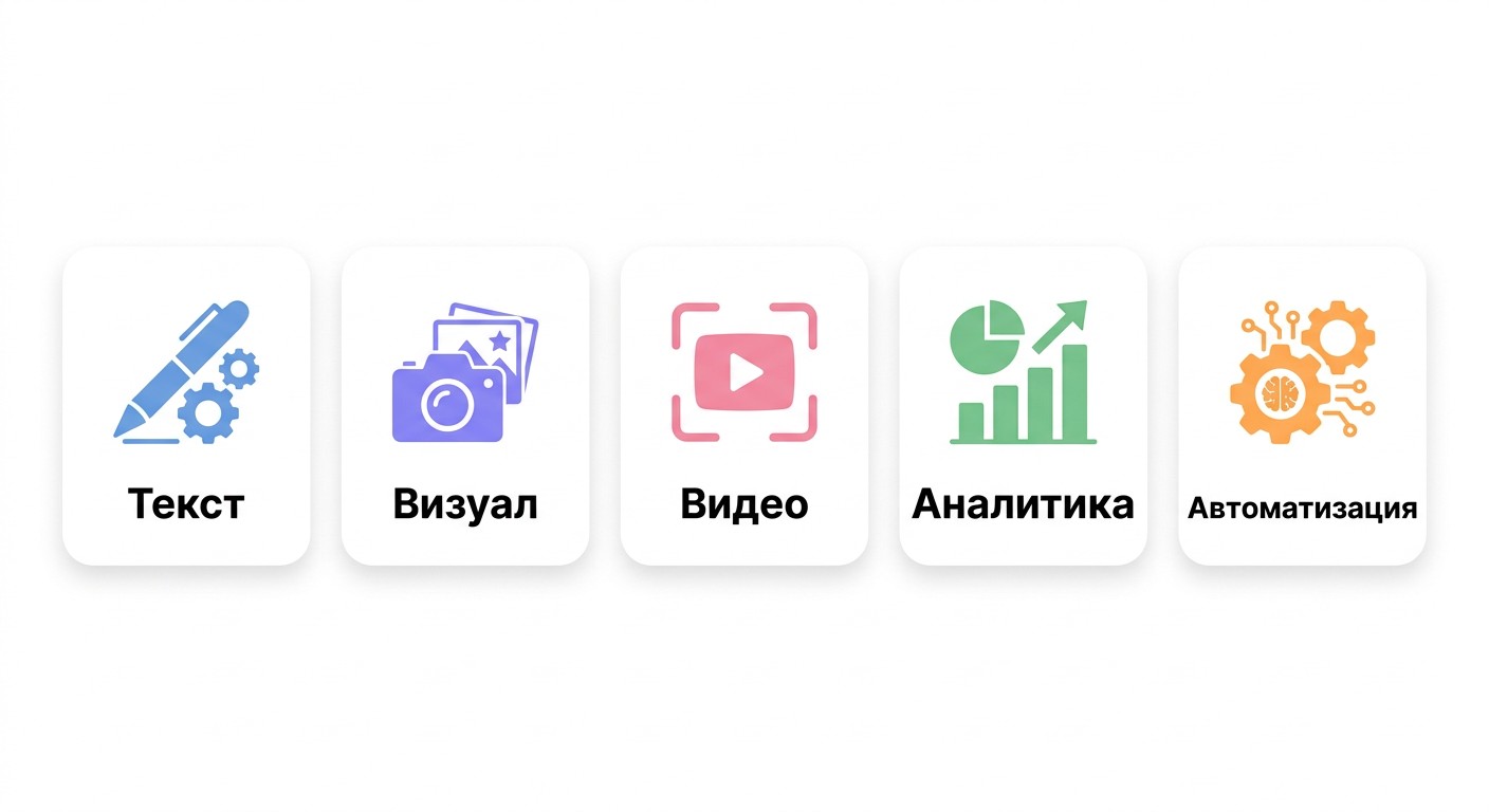 Пять задач маркетолога с нейросетями: текст, визуал, видео, аналитика, автоматизация