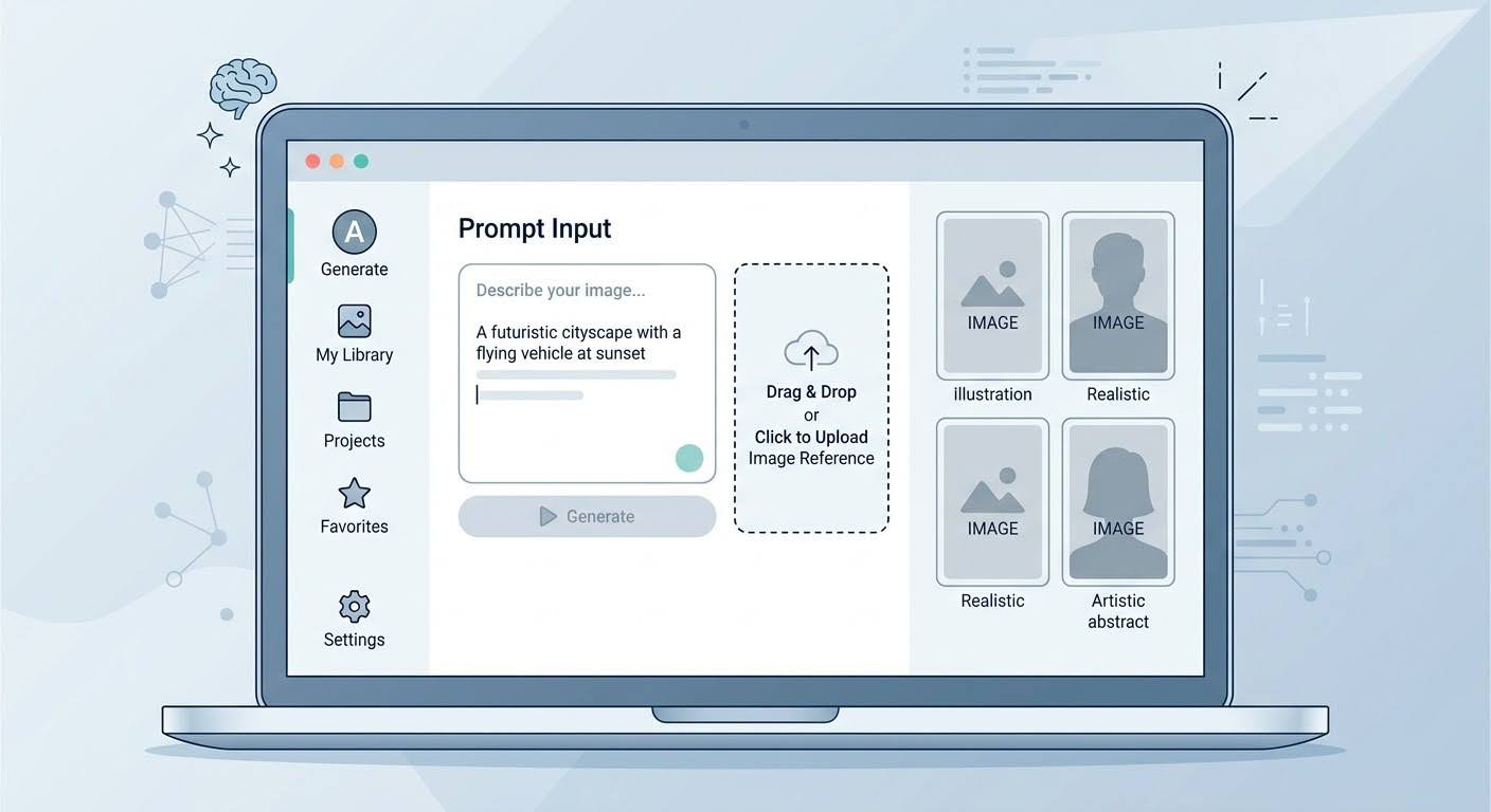 Интерфейс платформы ИИ-генерации изображений — навигация и загрузка фото