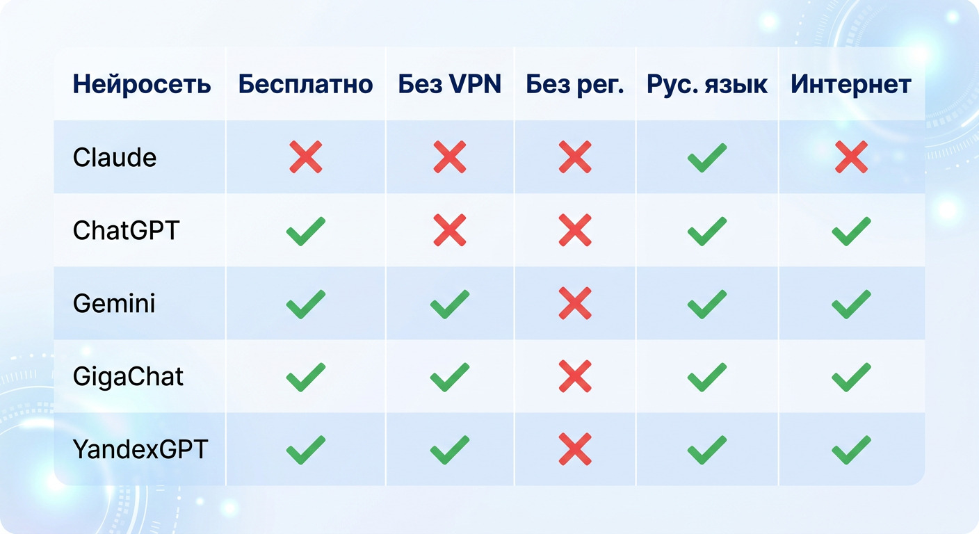 "Сводная таблица сравнения нейросетей для генерации текста по шести критериям