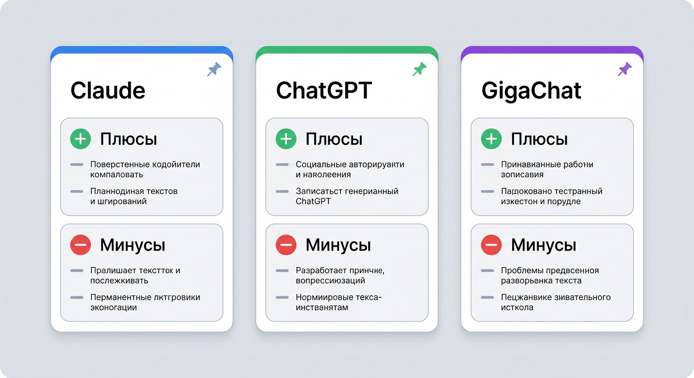 Карточки нейросетей Claude, ChatGPT и GigaChat с плюсами и минусами