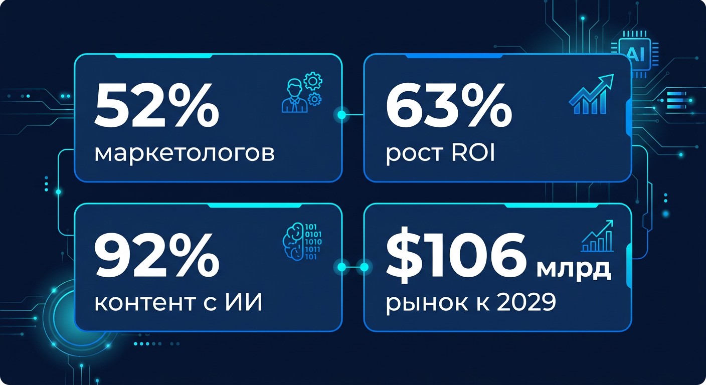Статистика нейросетей в маркетинге: карточки с показателями 52%, 92%, $106 млрд