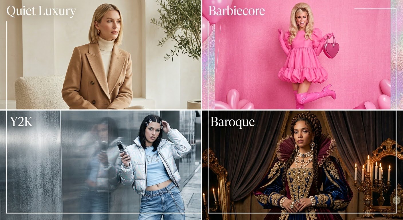 Коллаж стилей для промтов нейросетей: quiet luxury, Barbiecore, Y2K, барокко