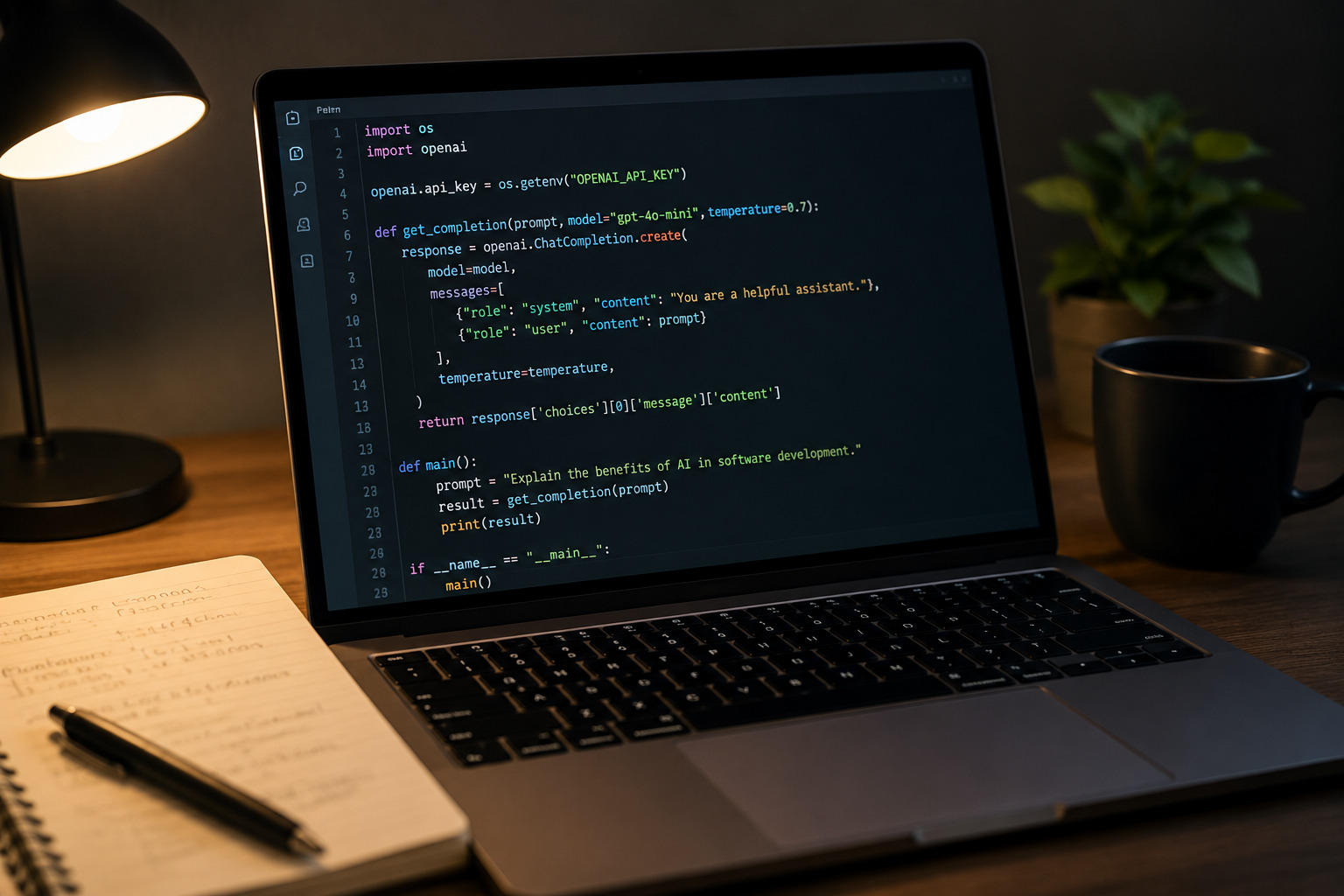 Промпт-инженер пишет код на Python для интеграции с API нейросетей