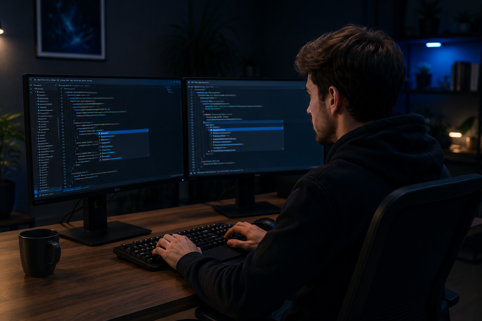 Разработчик пишет код с помощью нейросети на двух мониторах