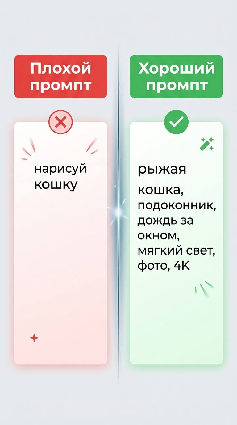 Инфографика плохой и хороший промпт для нейросети генерации картинок