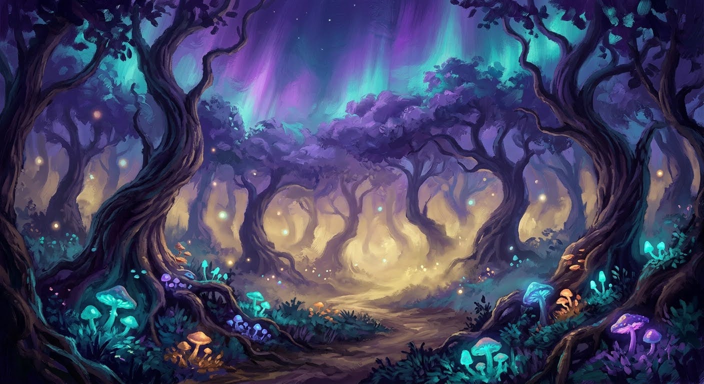 Пример генерации нейросетью Dream by Wombo — фэнтезийный светящийся лес