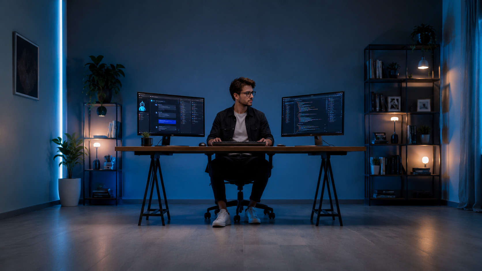 Промпт-инженер работает с нейросетями за компьютером — новая IT-профессия 2026