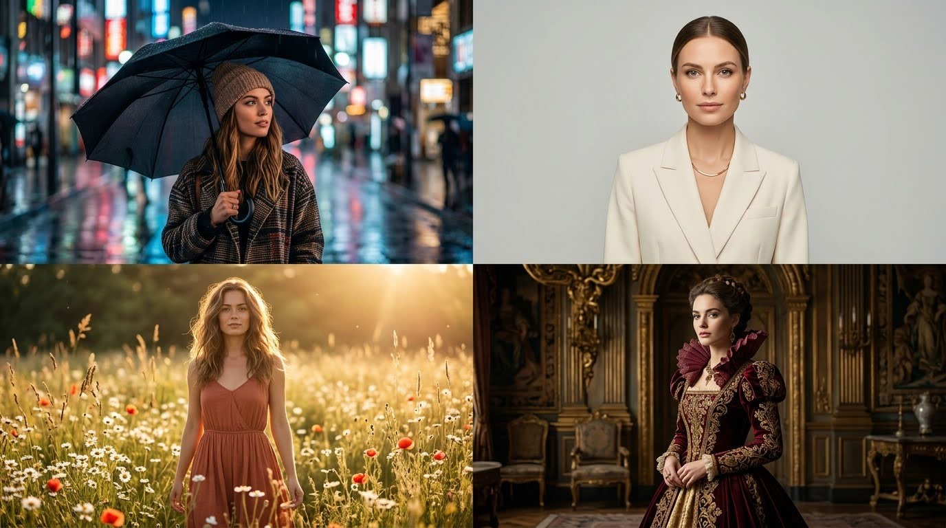 Коллаж ИИ-фотосессий в 4 стилях: город, студия, природа, барокко