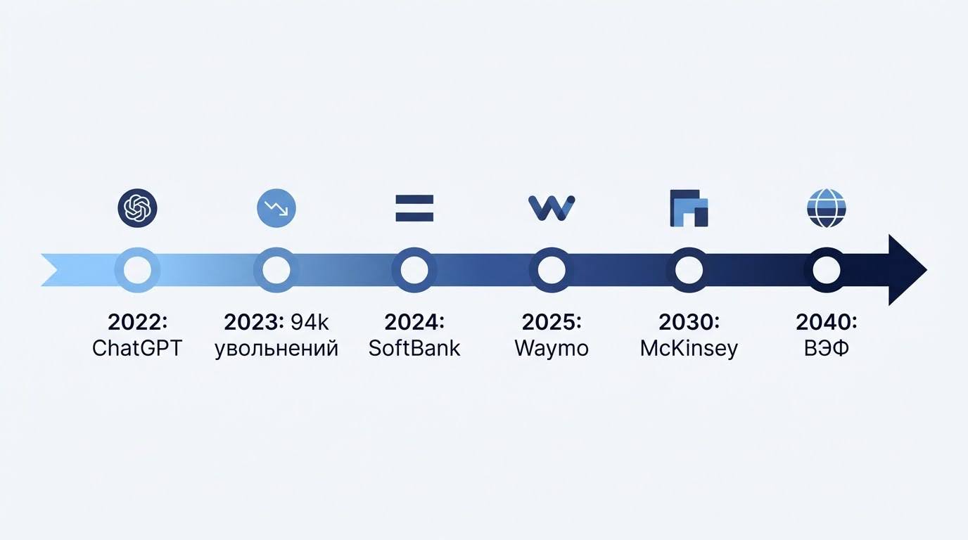 Временная шкала влияния ИИ на занятость с 2022 по 2040 год