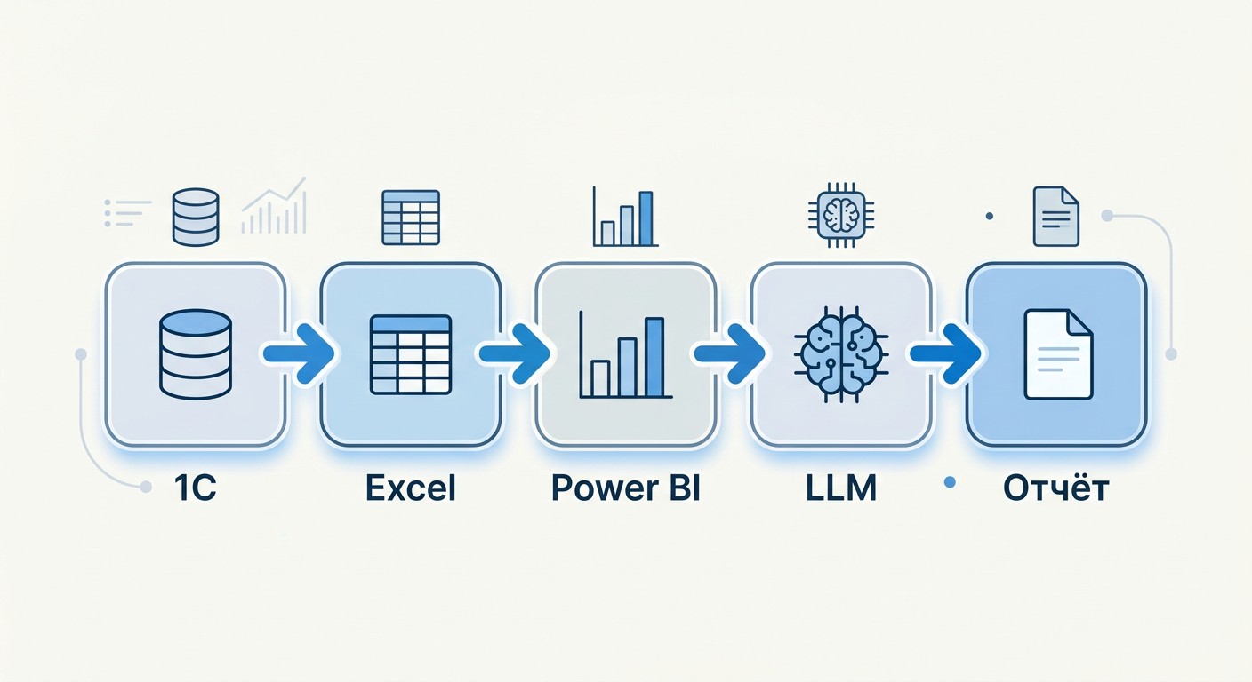 Схема цепочки данных: 1С — Excel — Power BI — LLM — отчёт