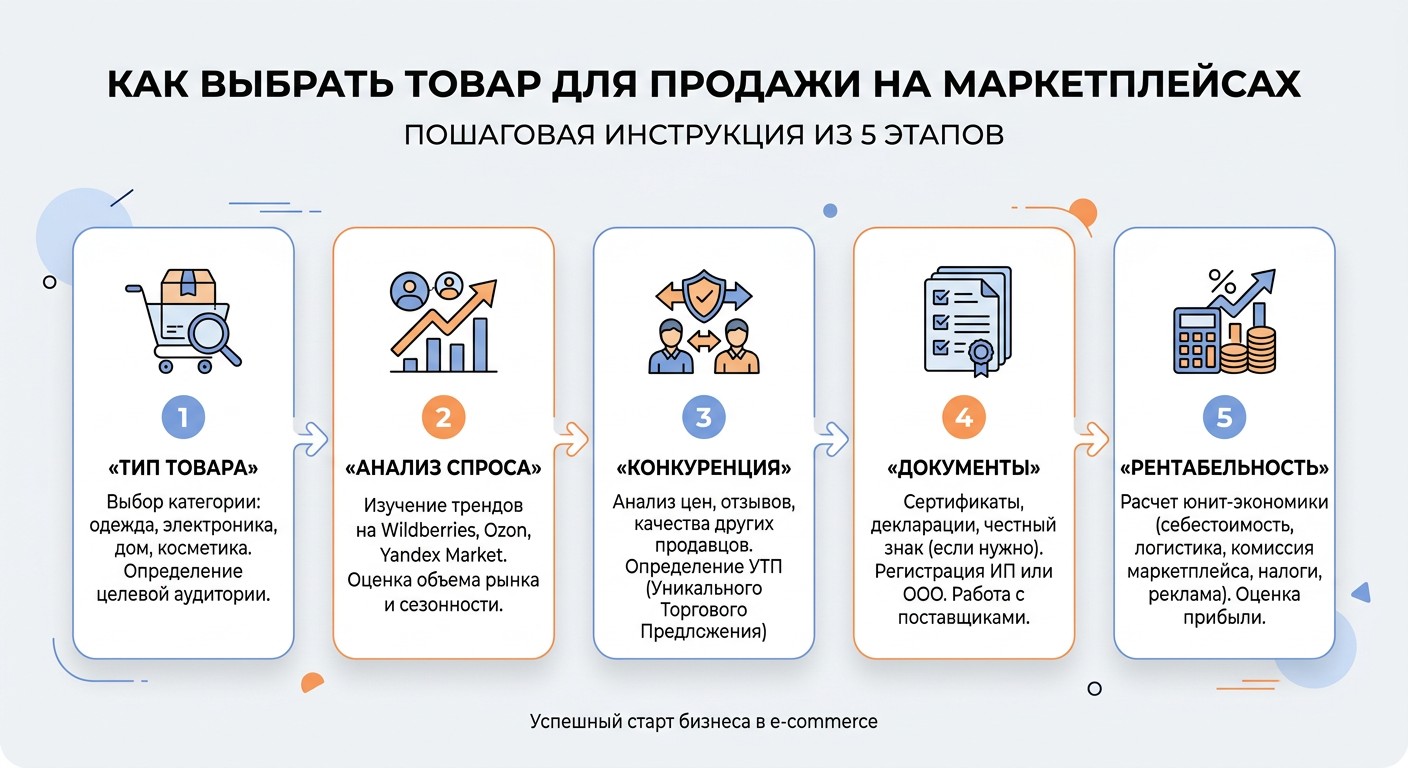 Инфографика пять шагов как выбрать товар для маркетплейса