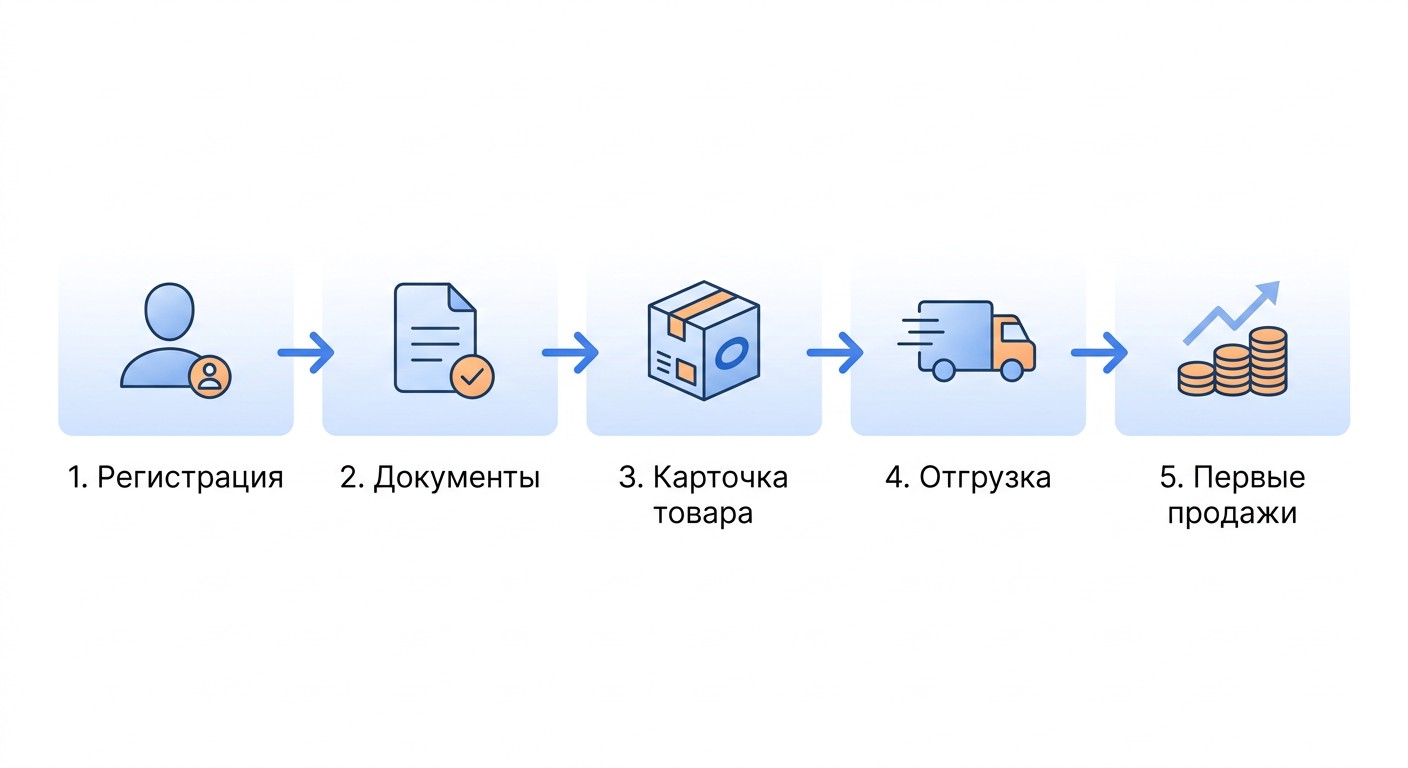 Инфографика 5 шагов запуска продаж на Ozon с нуля