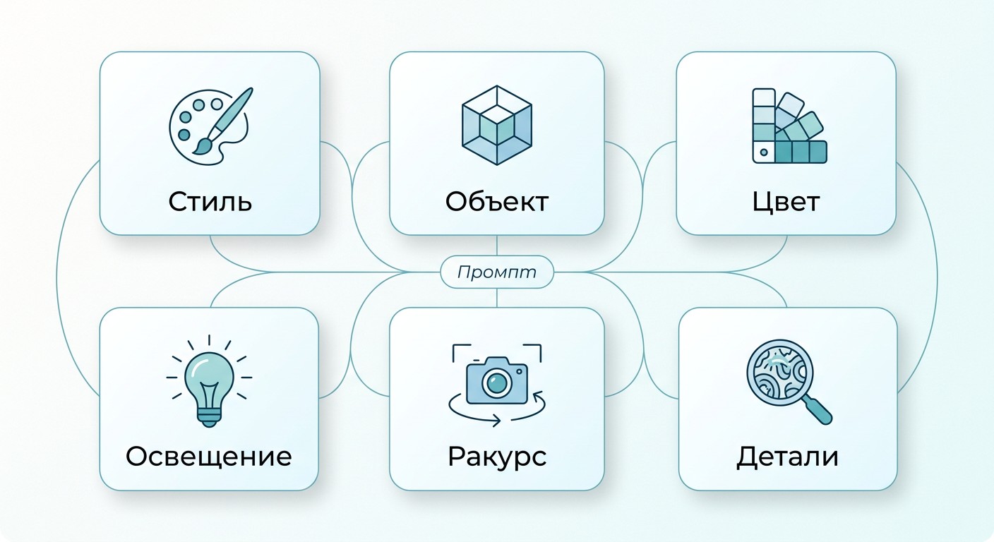 Шесть компонентов промпта для нейросетей дизайна — визуальная схема