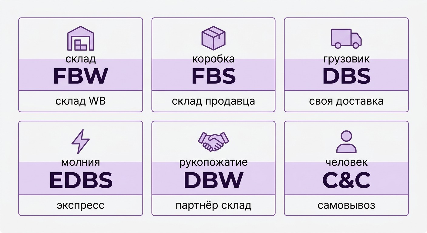 Инфографика 6 схем продаж на Wildberries — FBW FBS DBS EDBS DBW