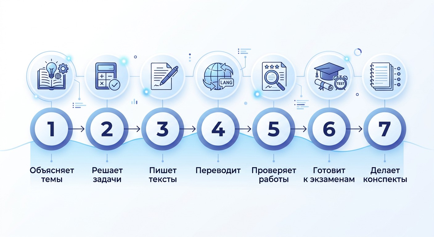 Инфографика семи задач нейросети для учёбы школьников и студентов