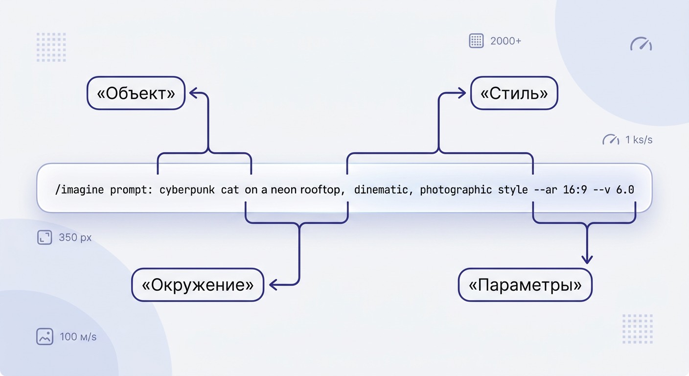 Аннотированный промпт Midjourney — каждая часть запроса подписана стрелкой