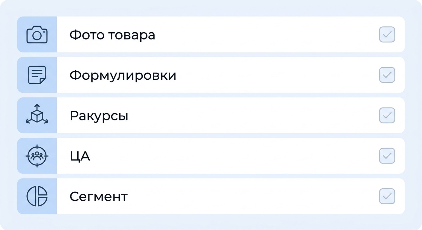 Чек-лист подготовки к созданию карточки товара — 5 пунктов с иконками
