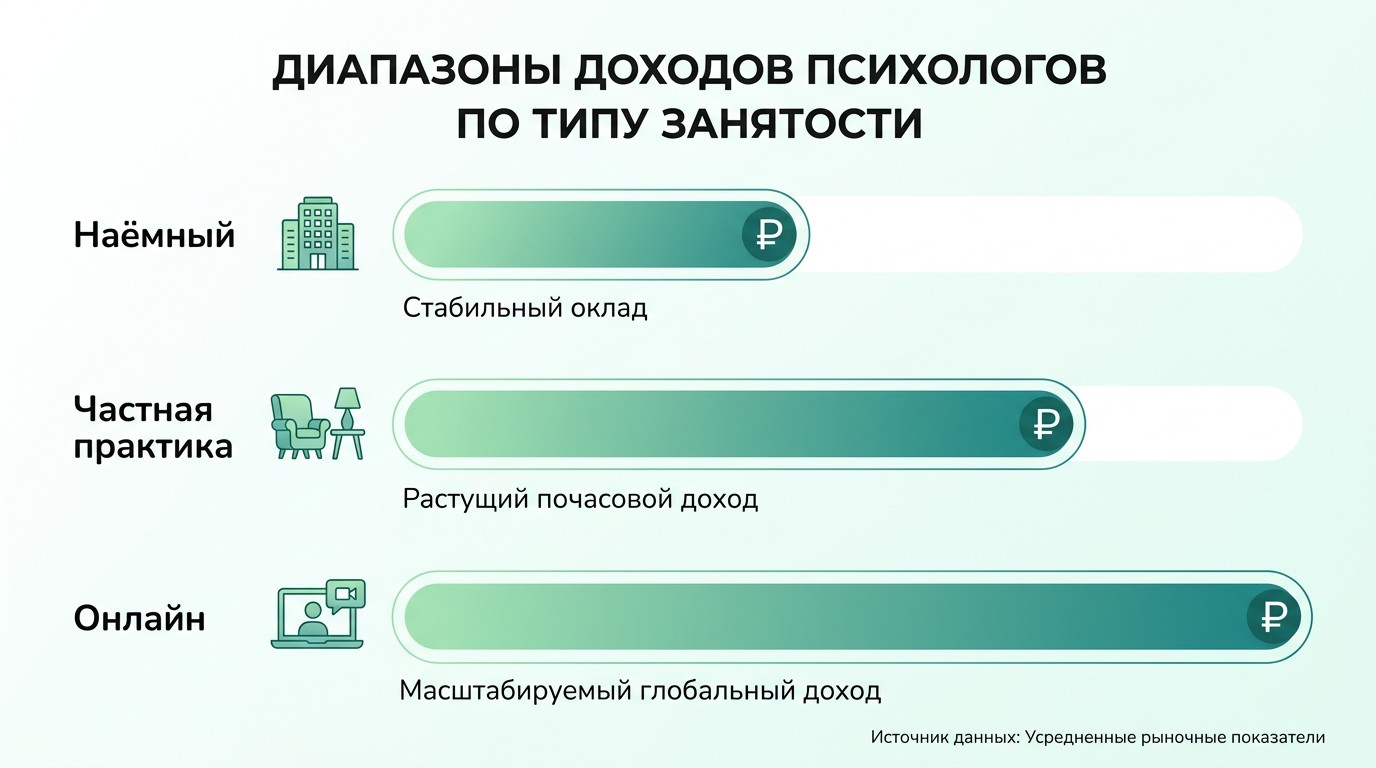 Доход психолога по типу занятости — сравнение заработка