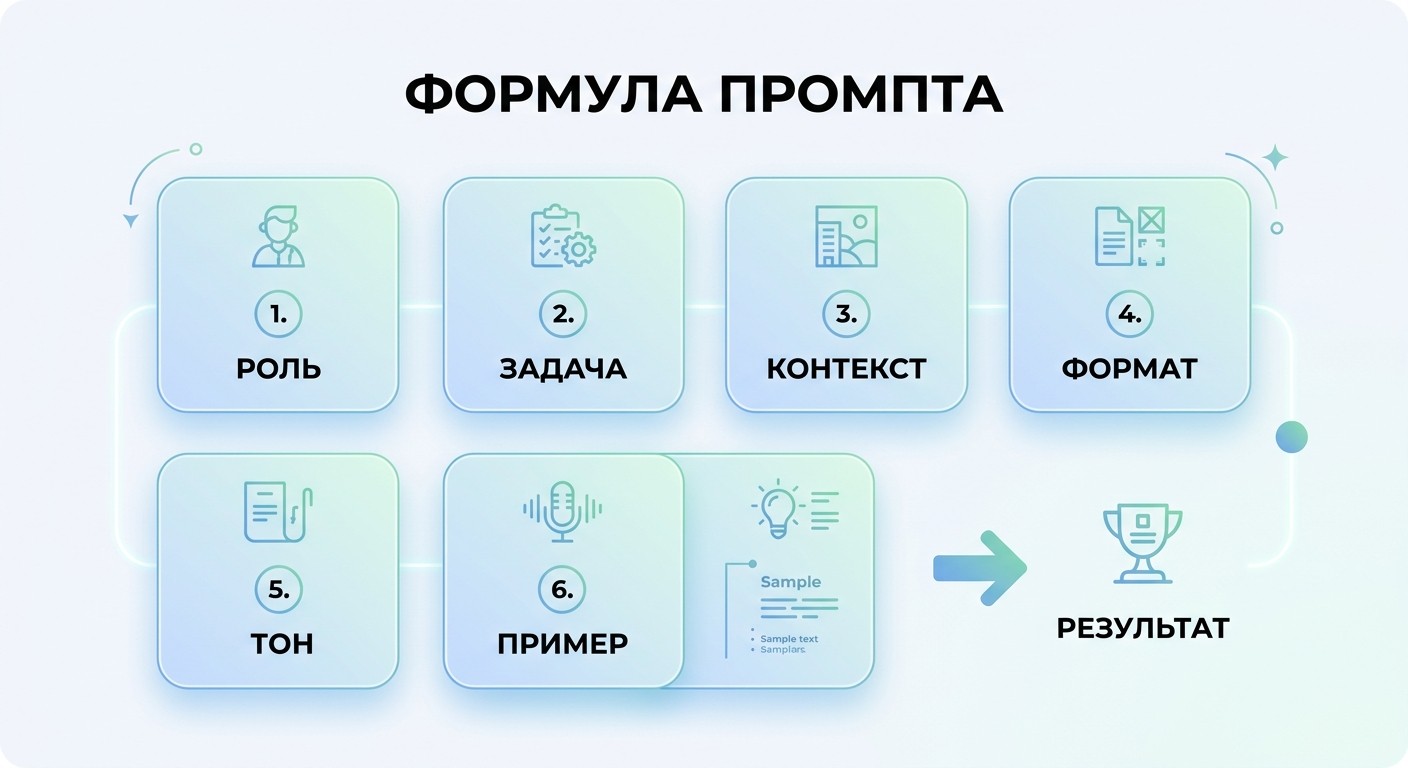 Инфографика формула идеального промпта для ChatGPT из шести компонентов