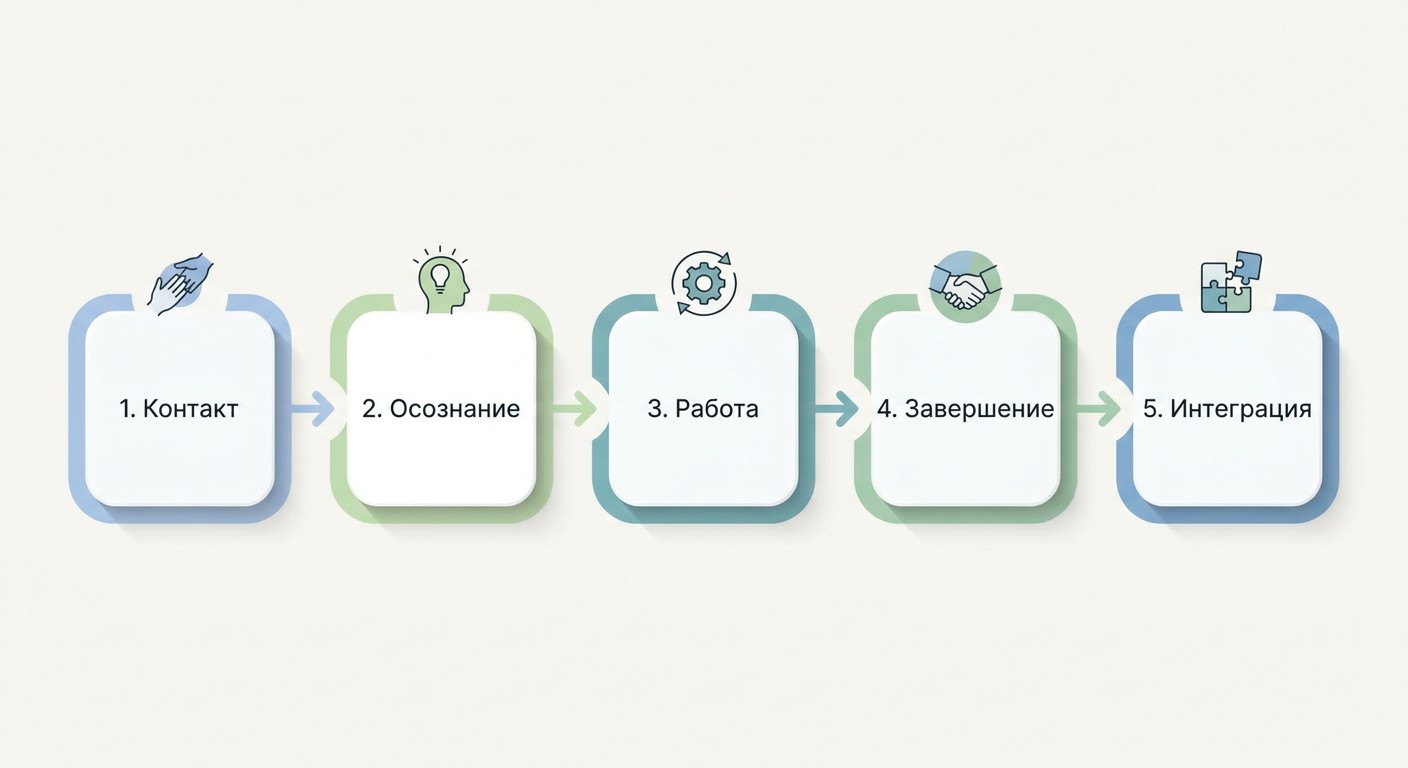 Схема пяти шагов одной сессии гештальт-терапии с иконками