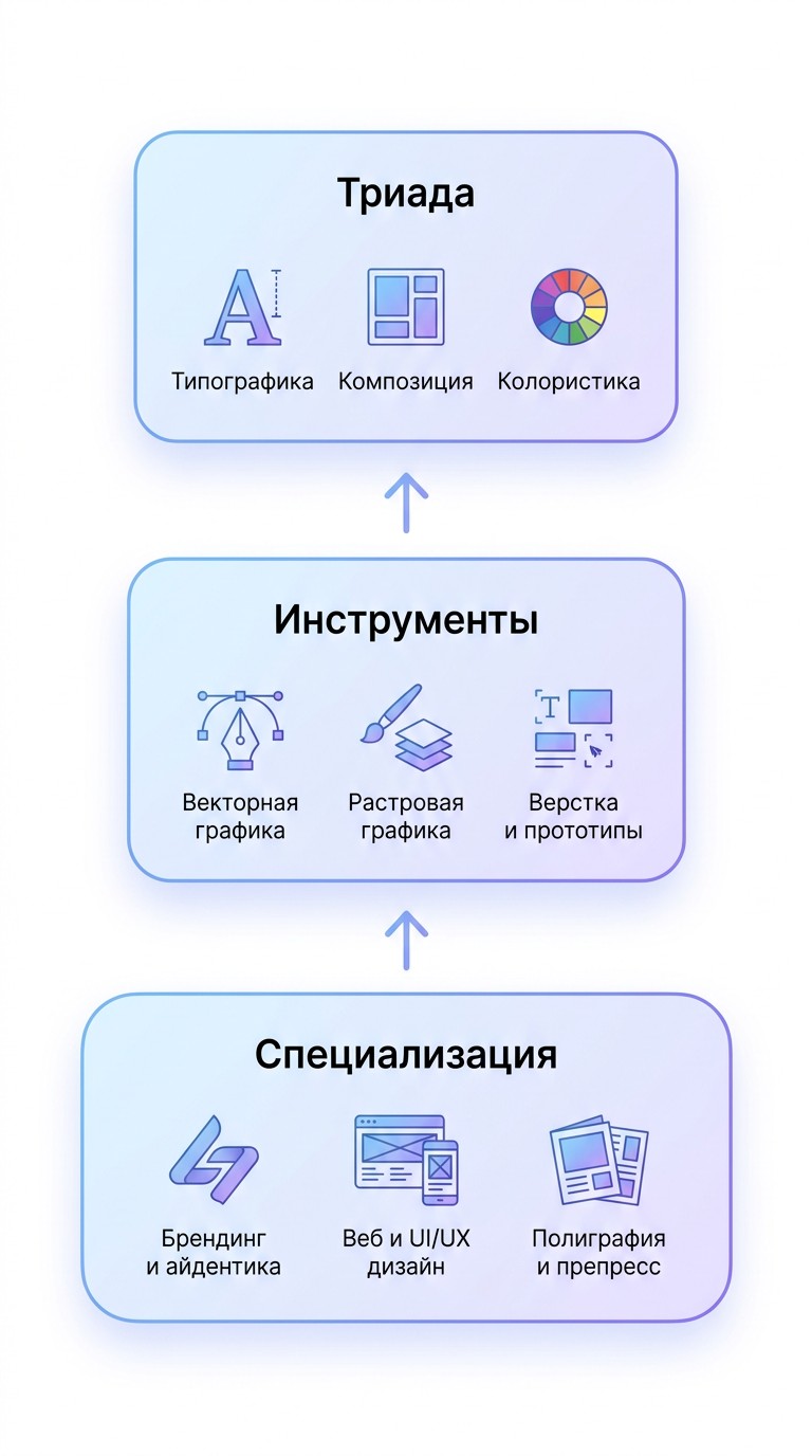 Инфографика базовых хард-скилов дизайнера: триада, инструменты и специализация