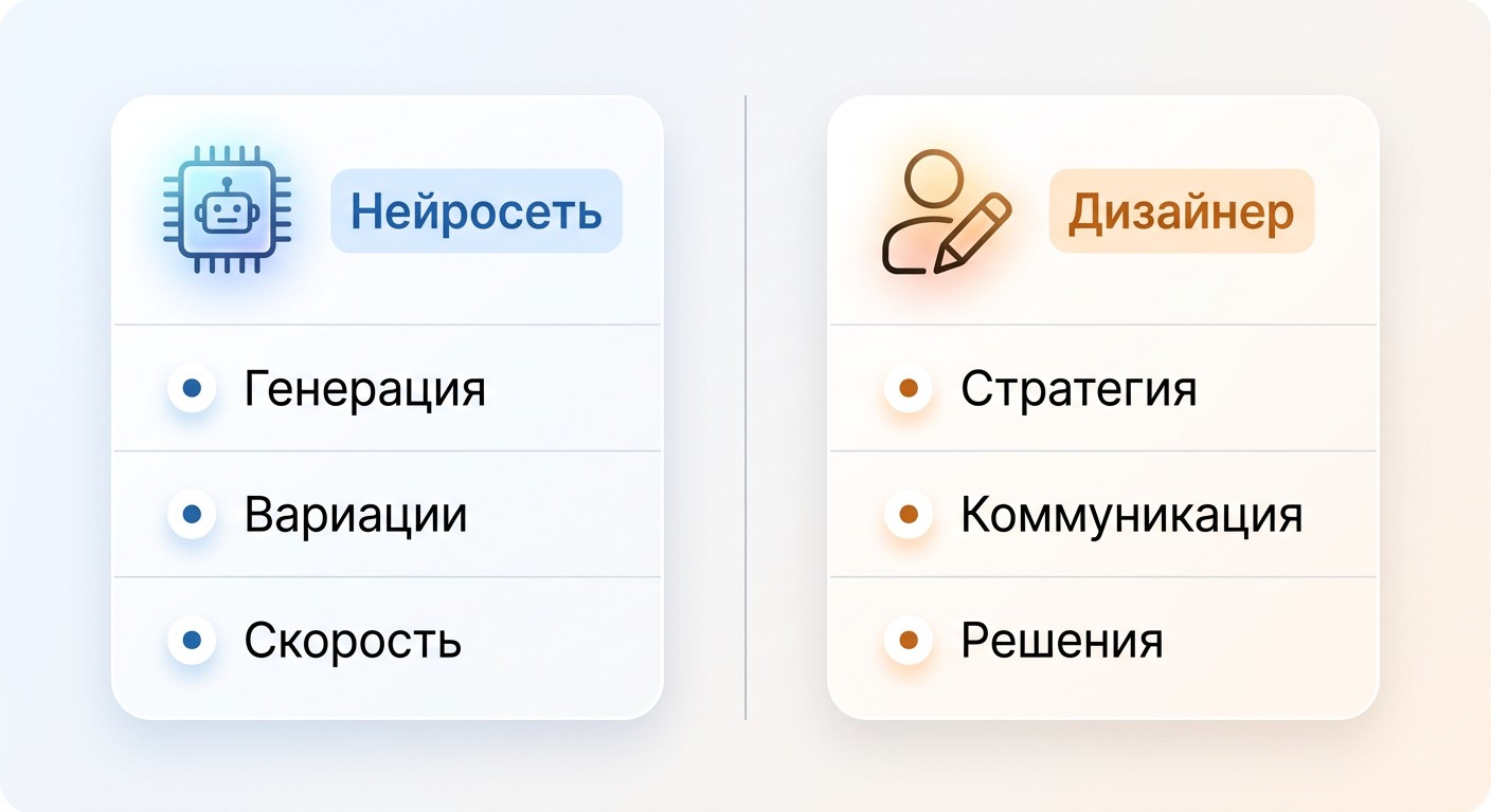 Что делает нейросеть и что остаётся за дизайнером — схема сравнения