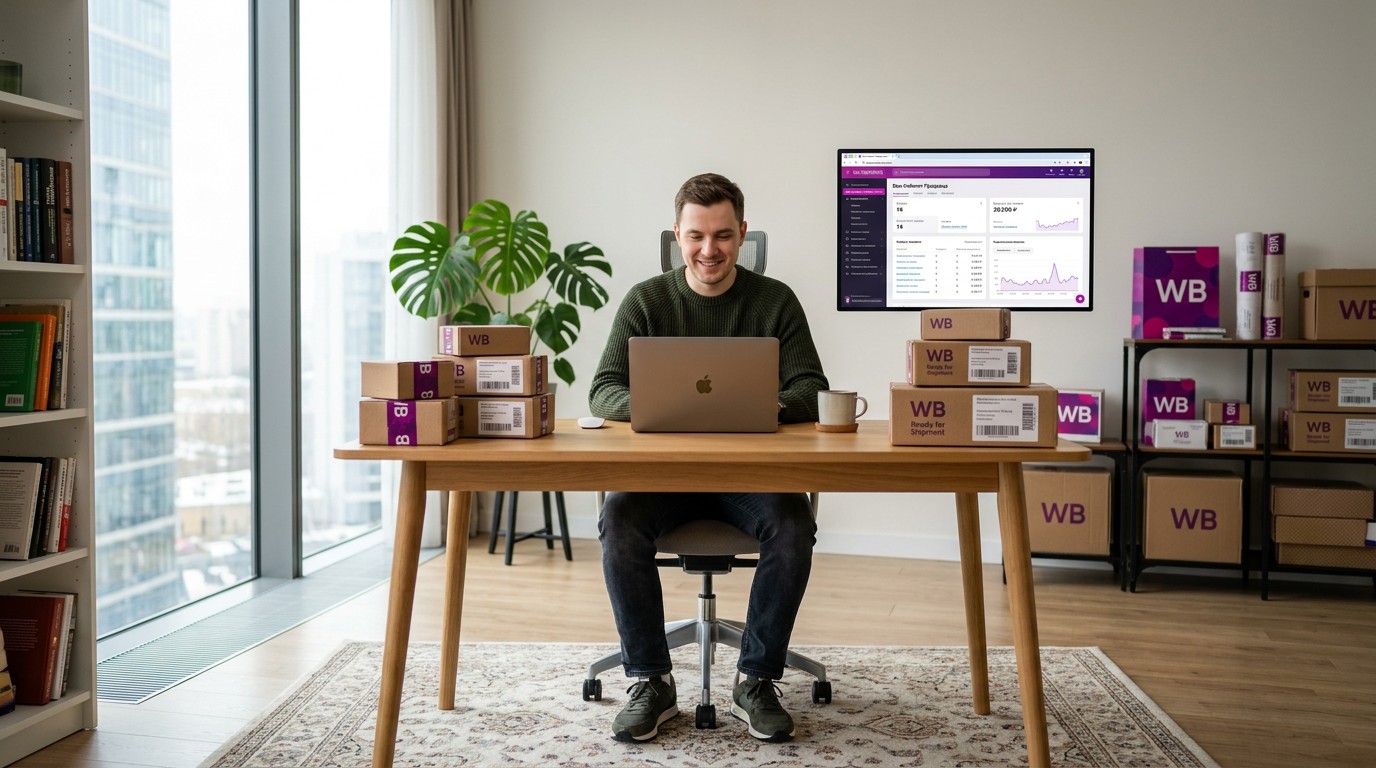 Как начать продавать на Wildberries — предприниматель за ноутбуком с товарами