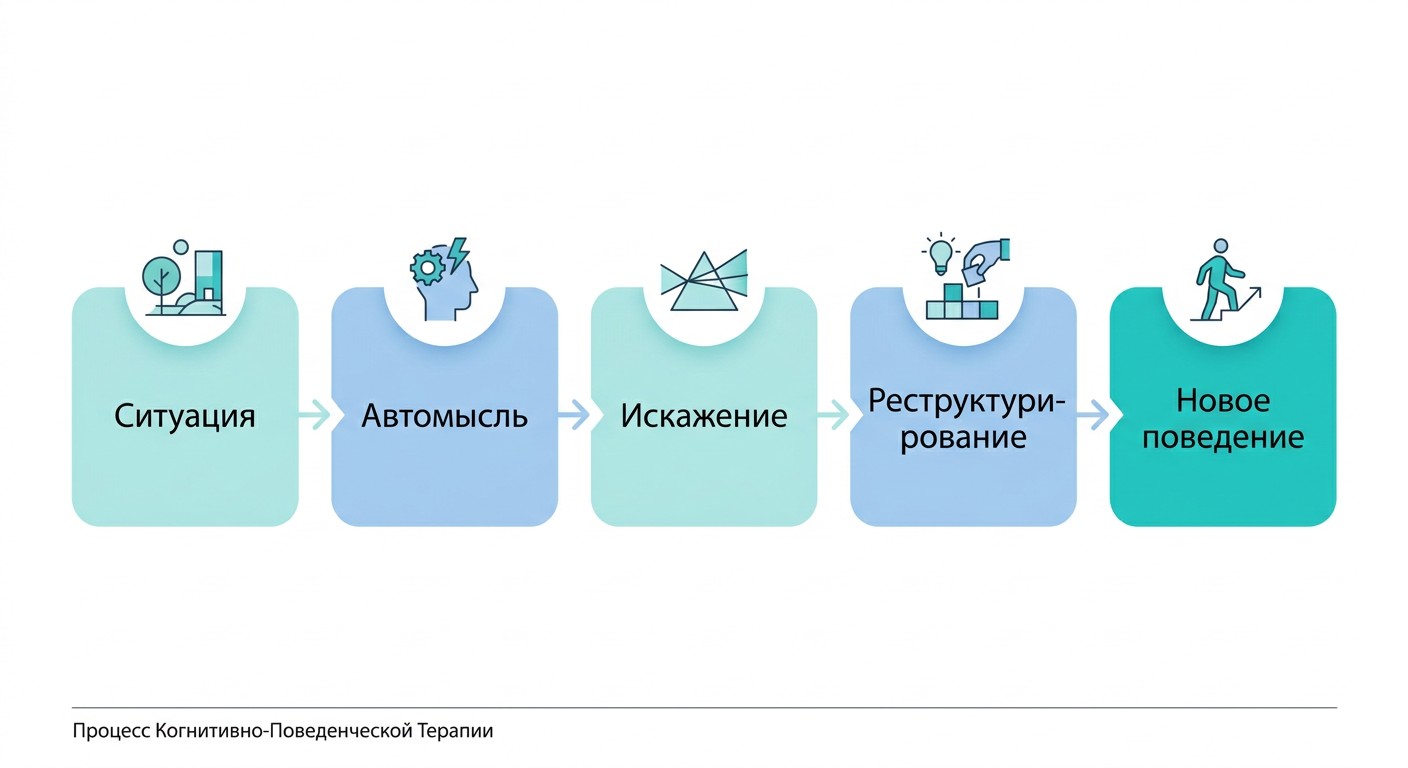 Как работает КПТ — схема пяти шагов от ситуации к новому поведению