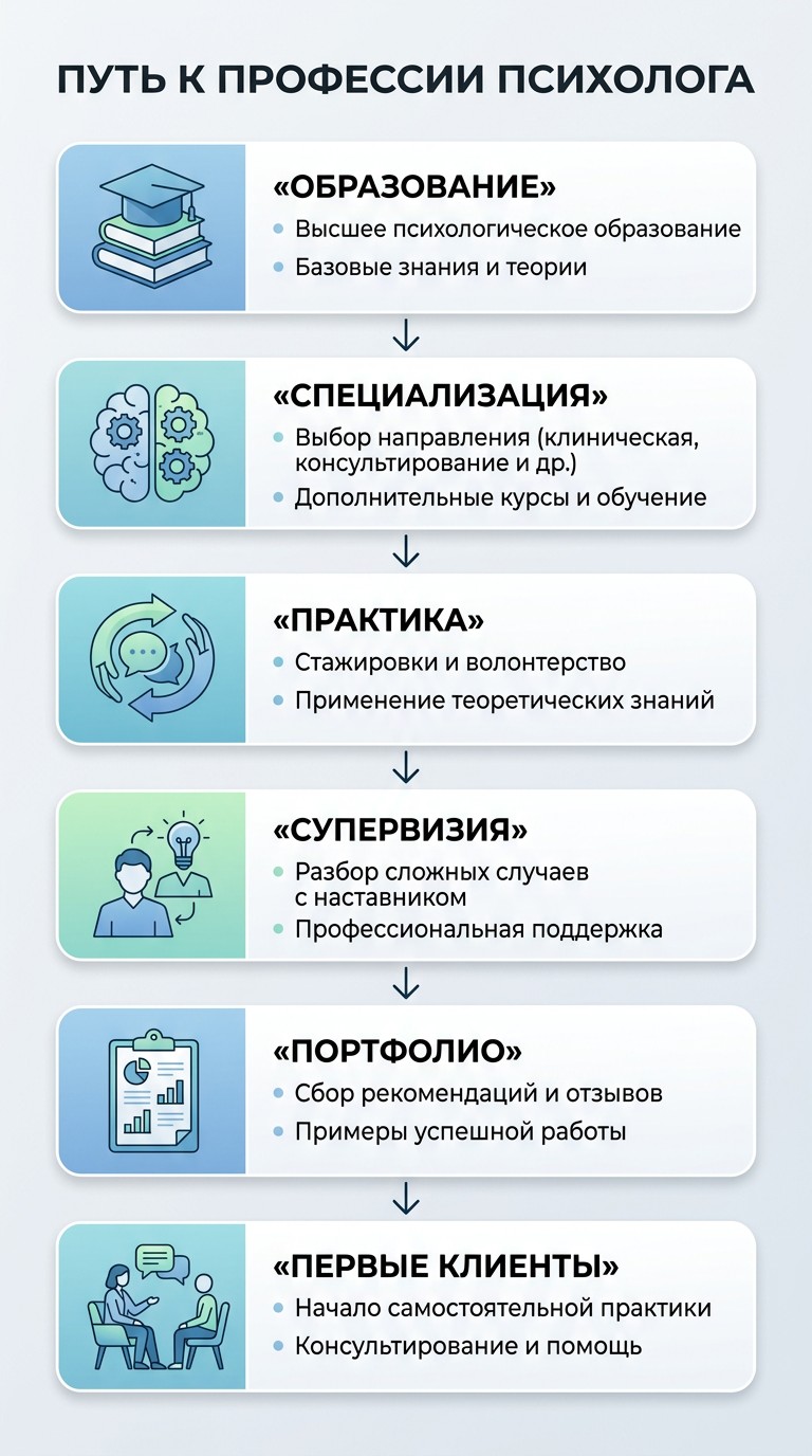 Инфографика шесть шагов для входа в профессию психолога