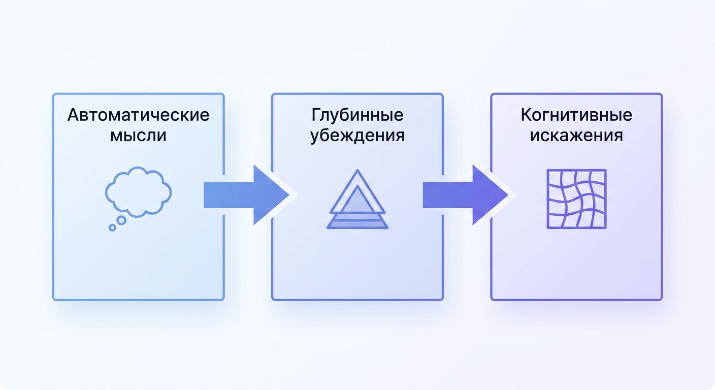Схема КПТ: автоматические мысли, глубинные убеждения, когнитивные искажения