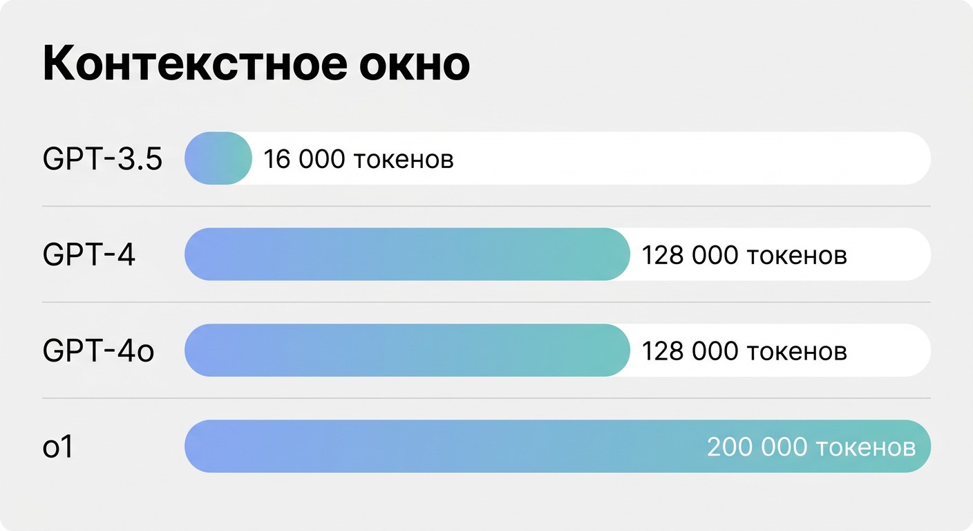 Инфографика лимитов контекстного окна моделей ChatGPT в токенах