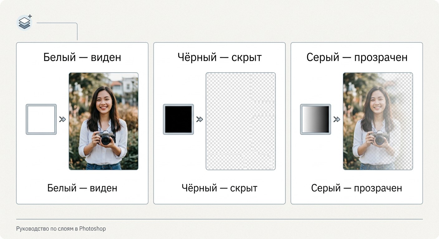 Пример маски слоя Photoshop: чёрный, белый и серый цвета маски
