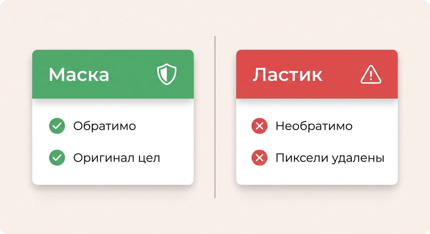 Сравнение маски и ластика в Photoshop: обратимое и необратимое редактирование
