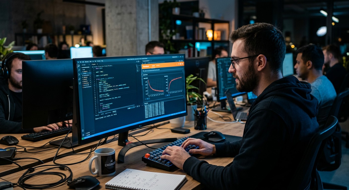 ML-инженер обучает нейросетевую модель за монитором с кодом