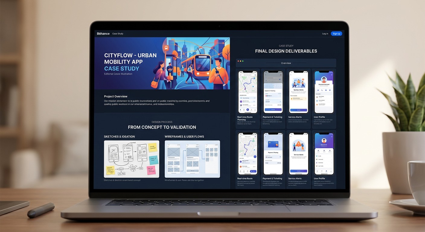 Структура оформленного кейса в портфолио графического дизайнера на платформе Behance