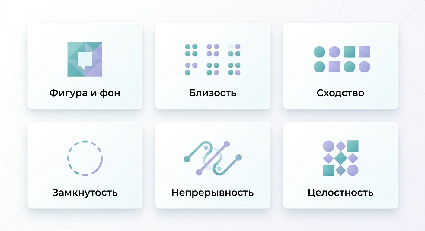 Шесть принципов гештальтпсихологии в виде карточек с иконками