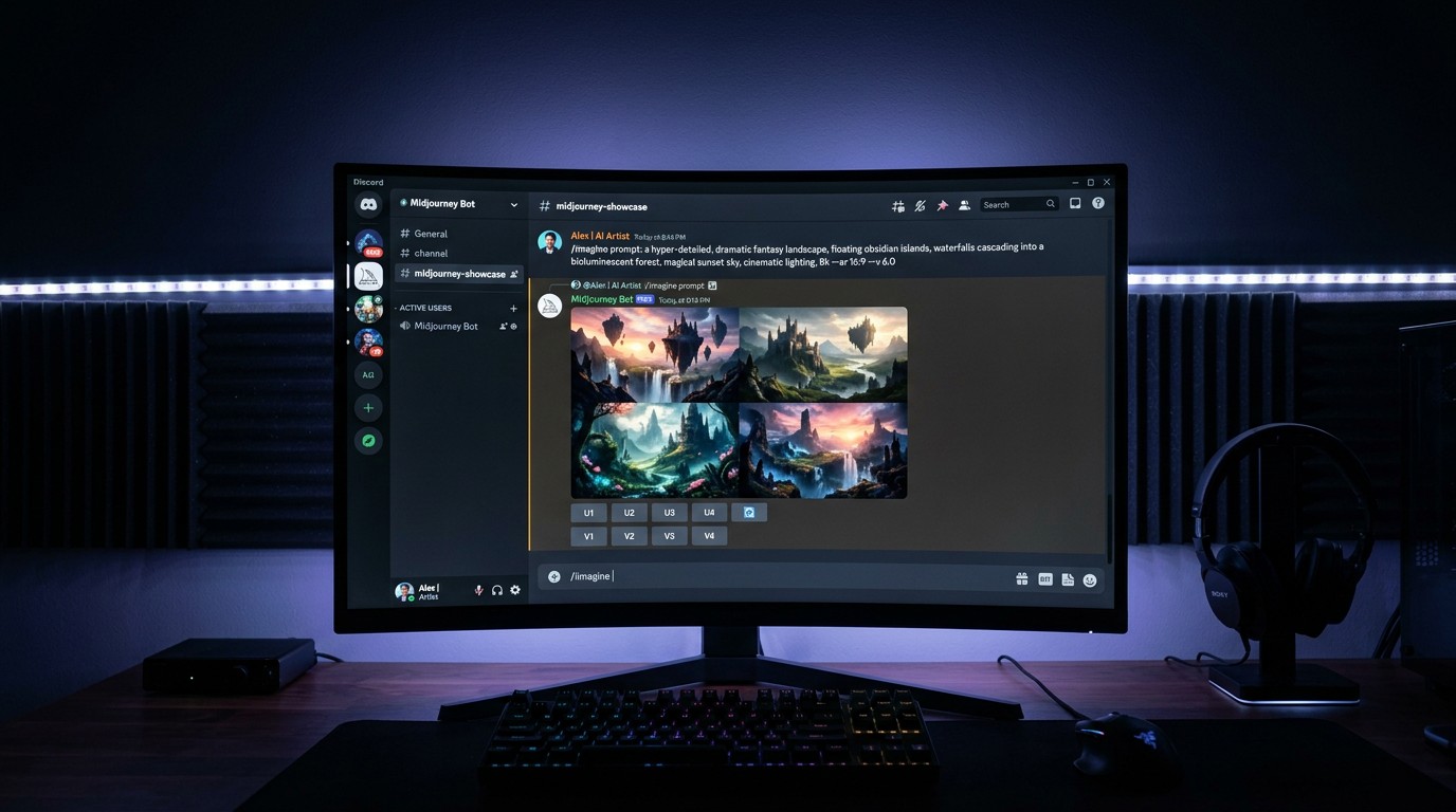 Интерфейс Discord с командой /imagine и результатами генерации Midjourney