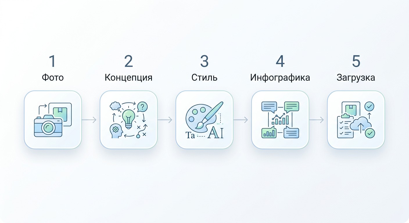 Схема процесса создания карточки товара в 5 шагов для маркетплейса