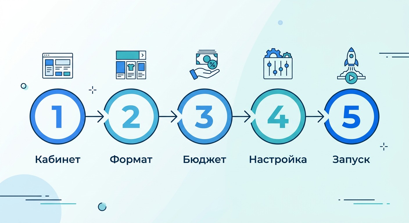 Пять шагов запуска рекламы на Ozon — линейная схема процесса