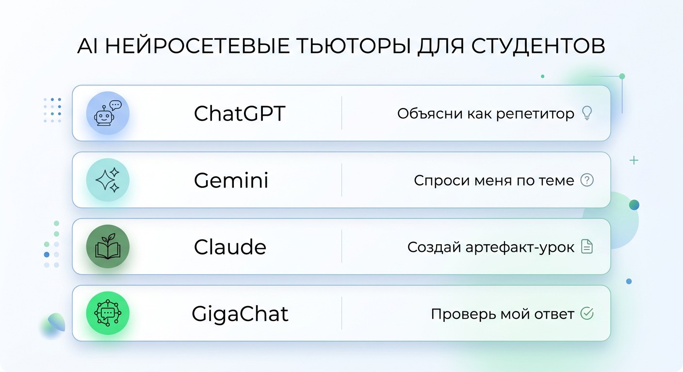 Инфографика режима репетитора у четырёх нейросетей с примерами промптов