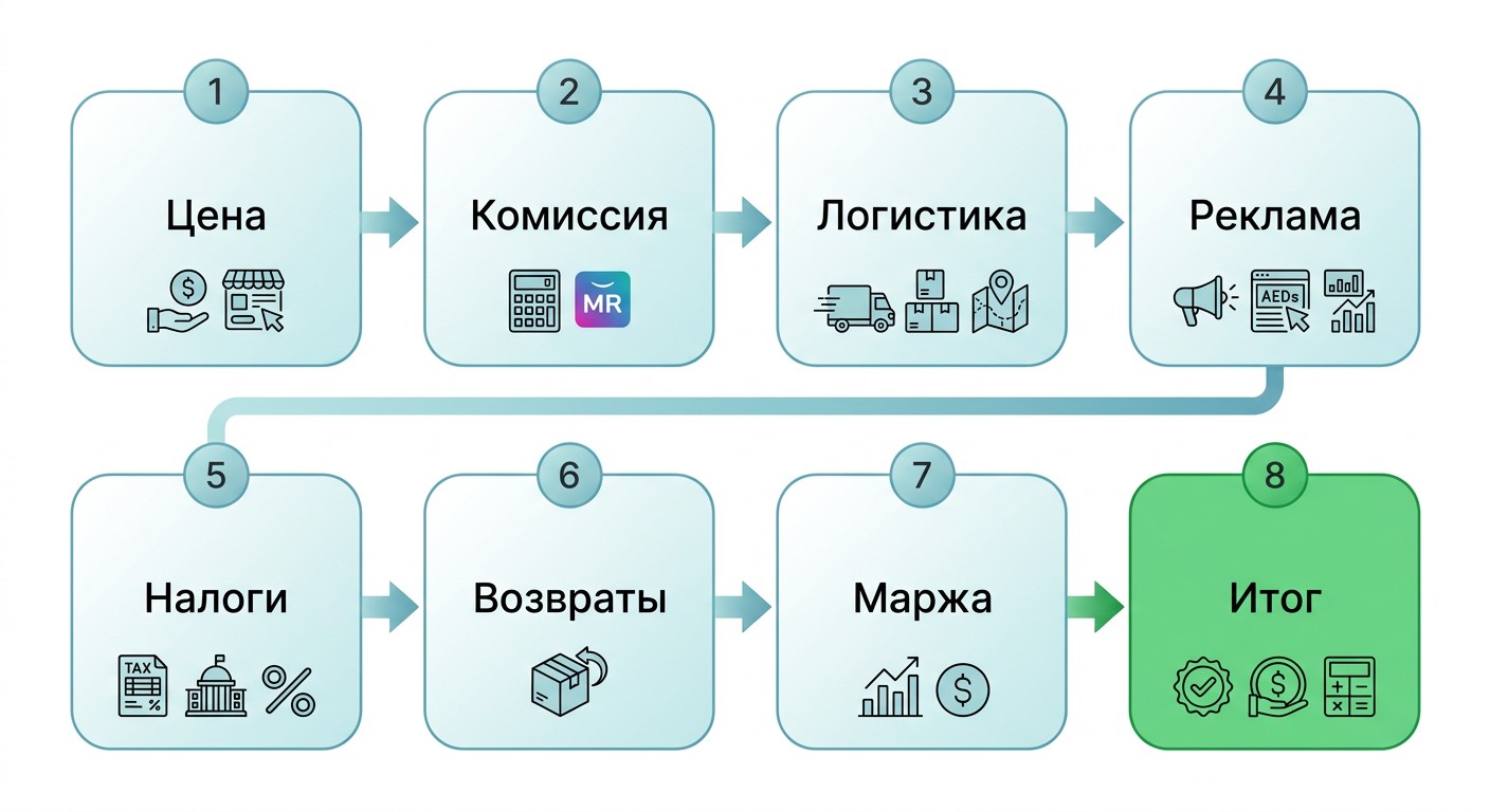 Схема восьми шагов расчёта юнит-экономики на маркетплейсе
