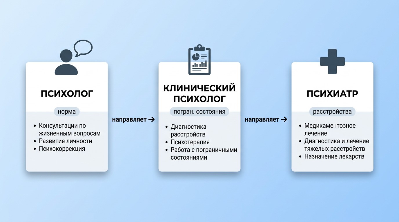 Схема передачи клиента: психолог — клинический психолог — психиатр