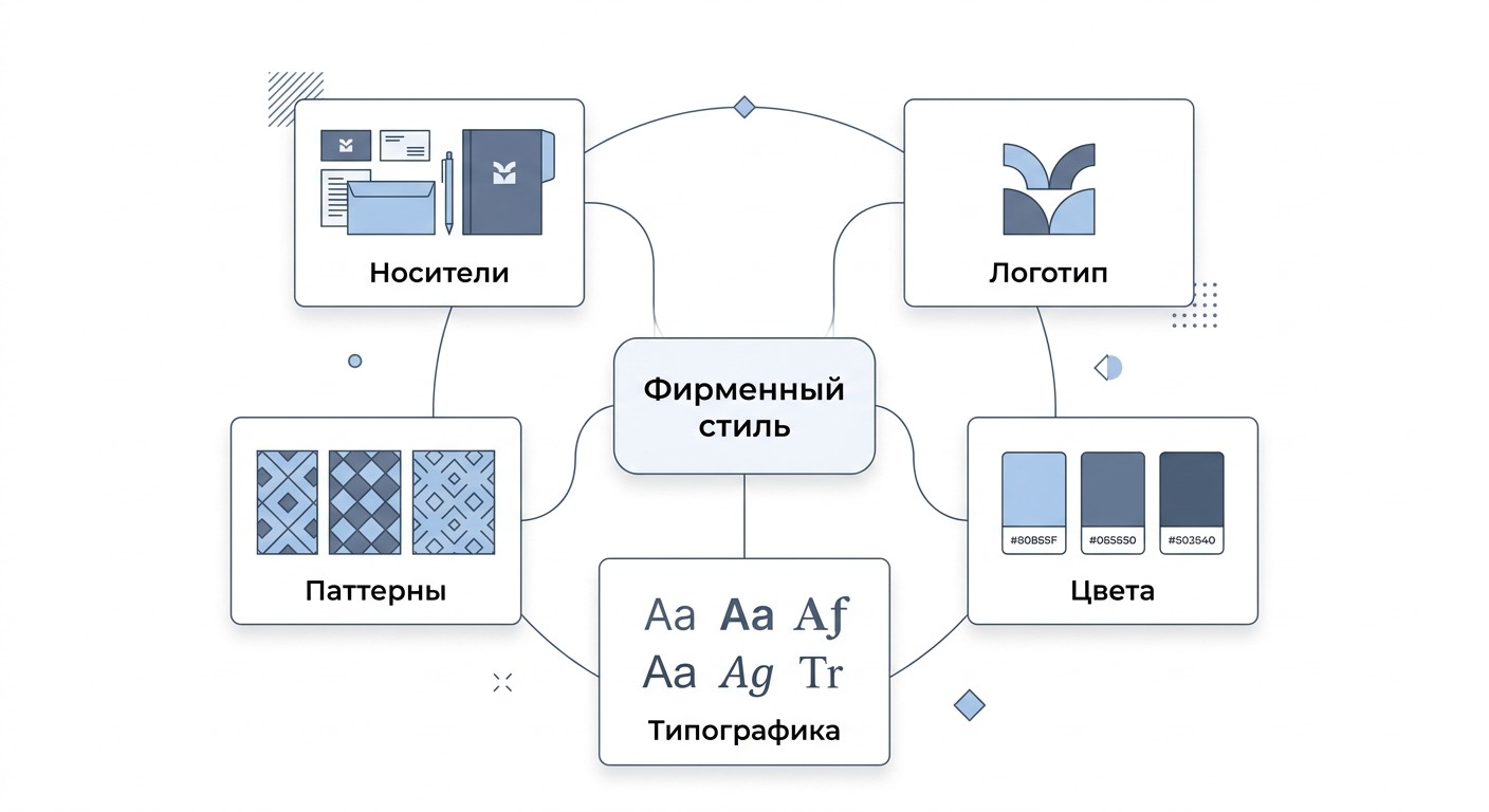 Схема состава фирменного стиля: логотип, цвета, типографика, паттерны, носители