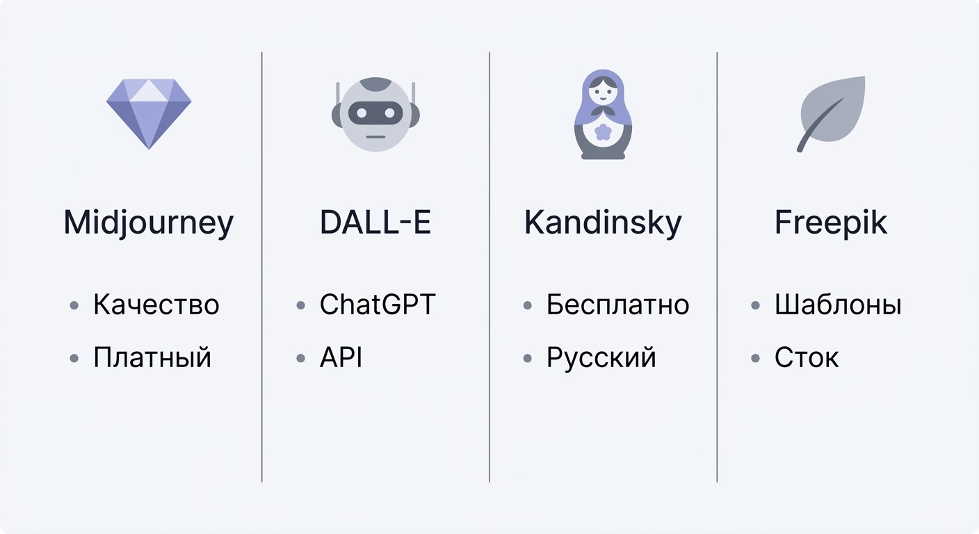 Сравнение нейросетей для генерации: Midjourney, DALL-E, Kandinsky и Freepik