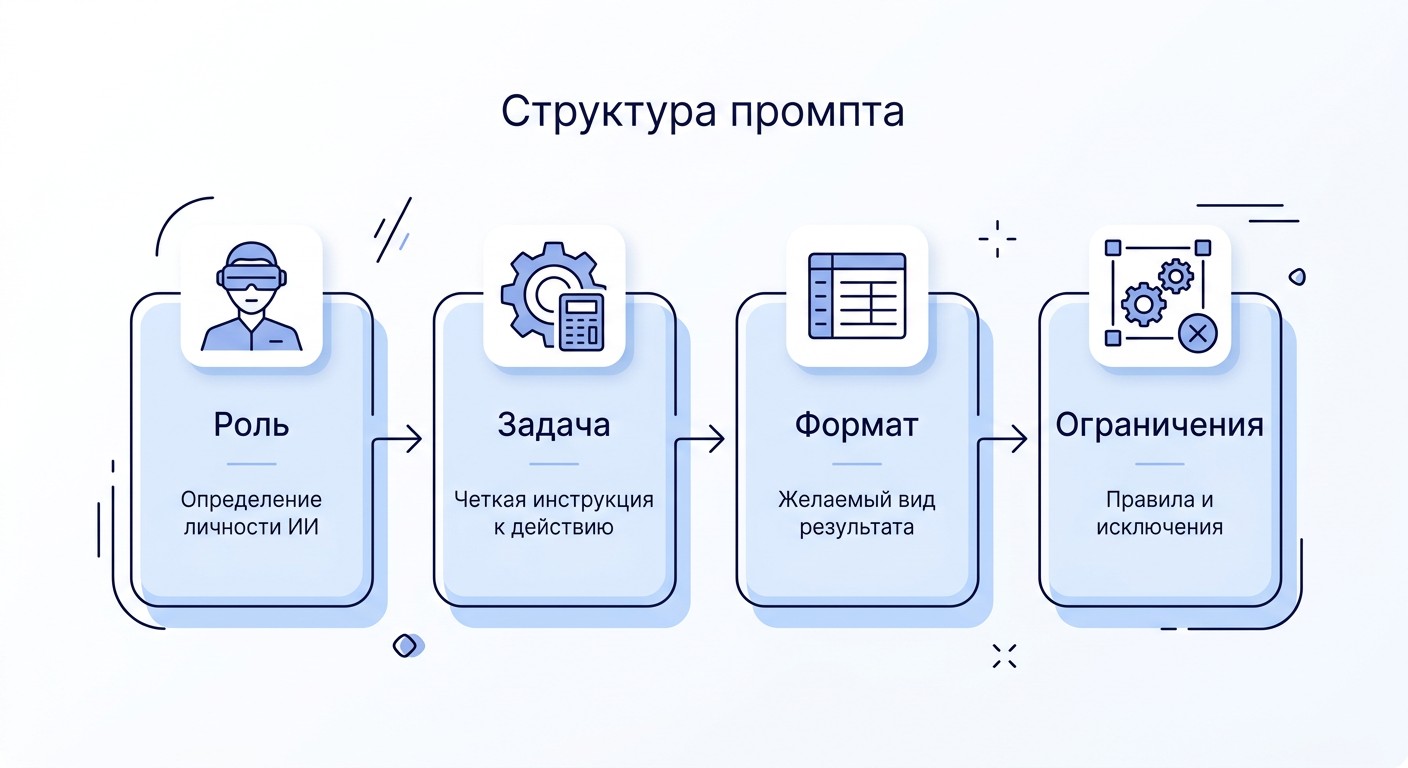 Схема структуры промпта для нейросети: роль, задача, формат, ограничения