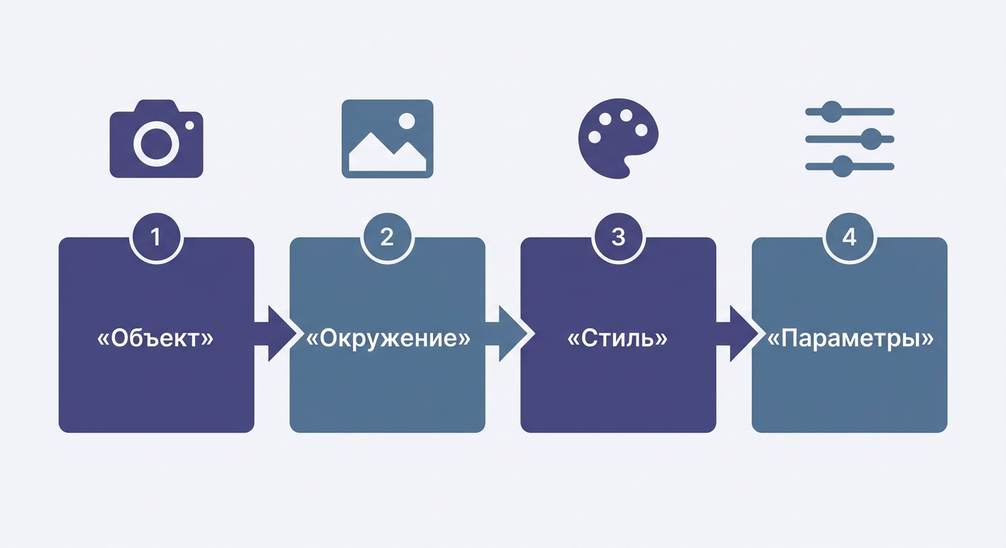 Схема структуры промпта Midjourney — четыре блока объект окружение стиль параметры