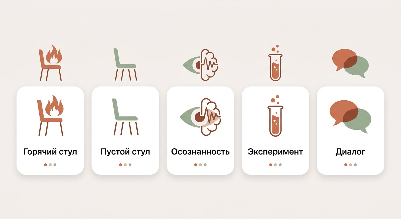 Пять техник гештальт-терапии: горячий стул, пустой стул, осознанность, эксперимент, диалог