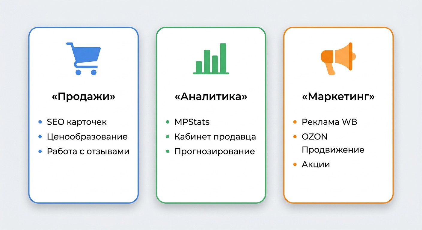 Три блока навыков специалиста по маркетплейсам: продажи, аналитика, маркетинг