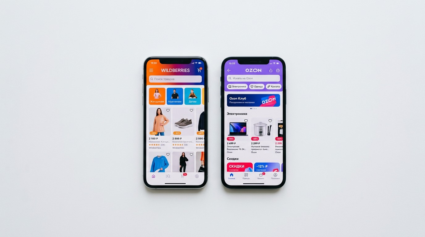 Сравнение маркетплейсов Wildberries и Ozon на экранах смартфонов