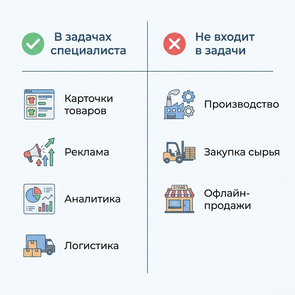 Инфосхема задач специалиста по маркетплейсам и задач вне его зоны ответственности